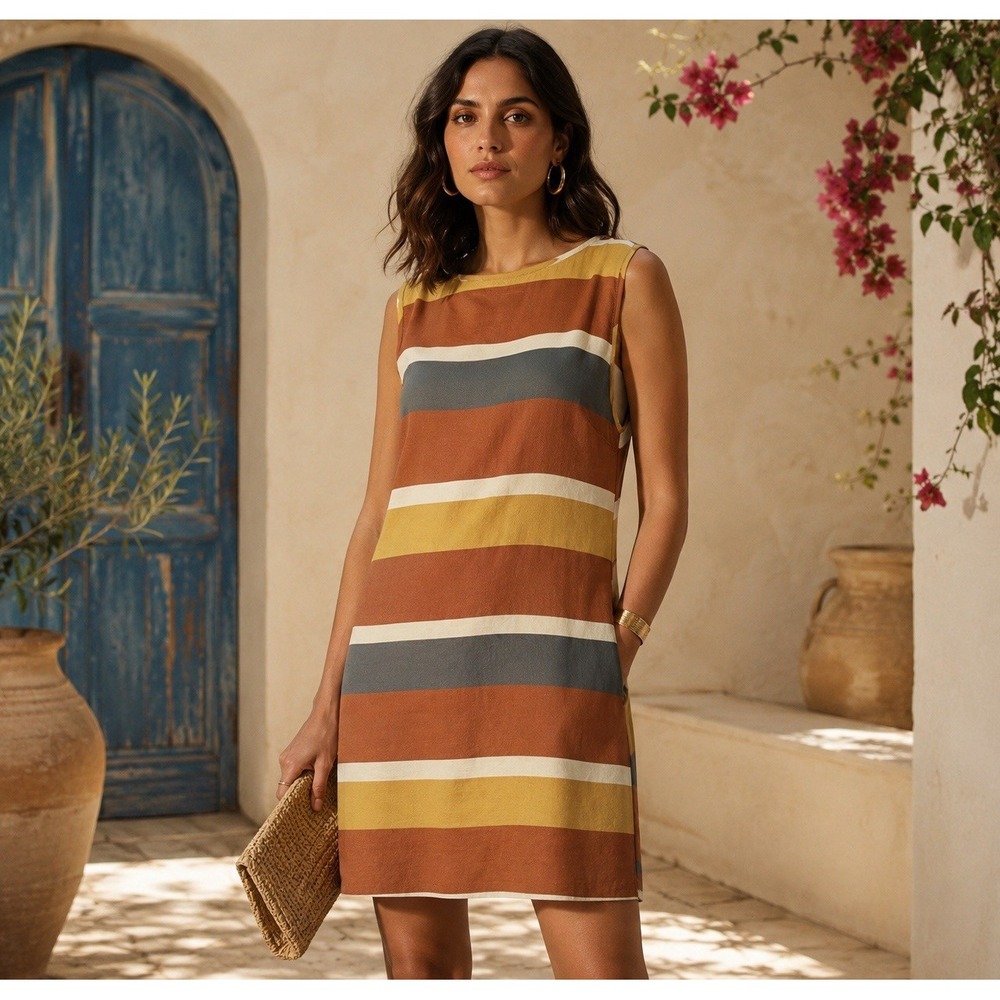 Ottod'ame Autumn Colors Retro Striped A Line Sleeveless Dress Women's Size 8